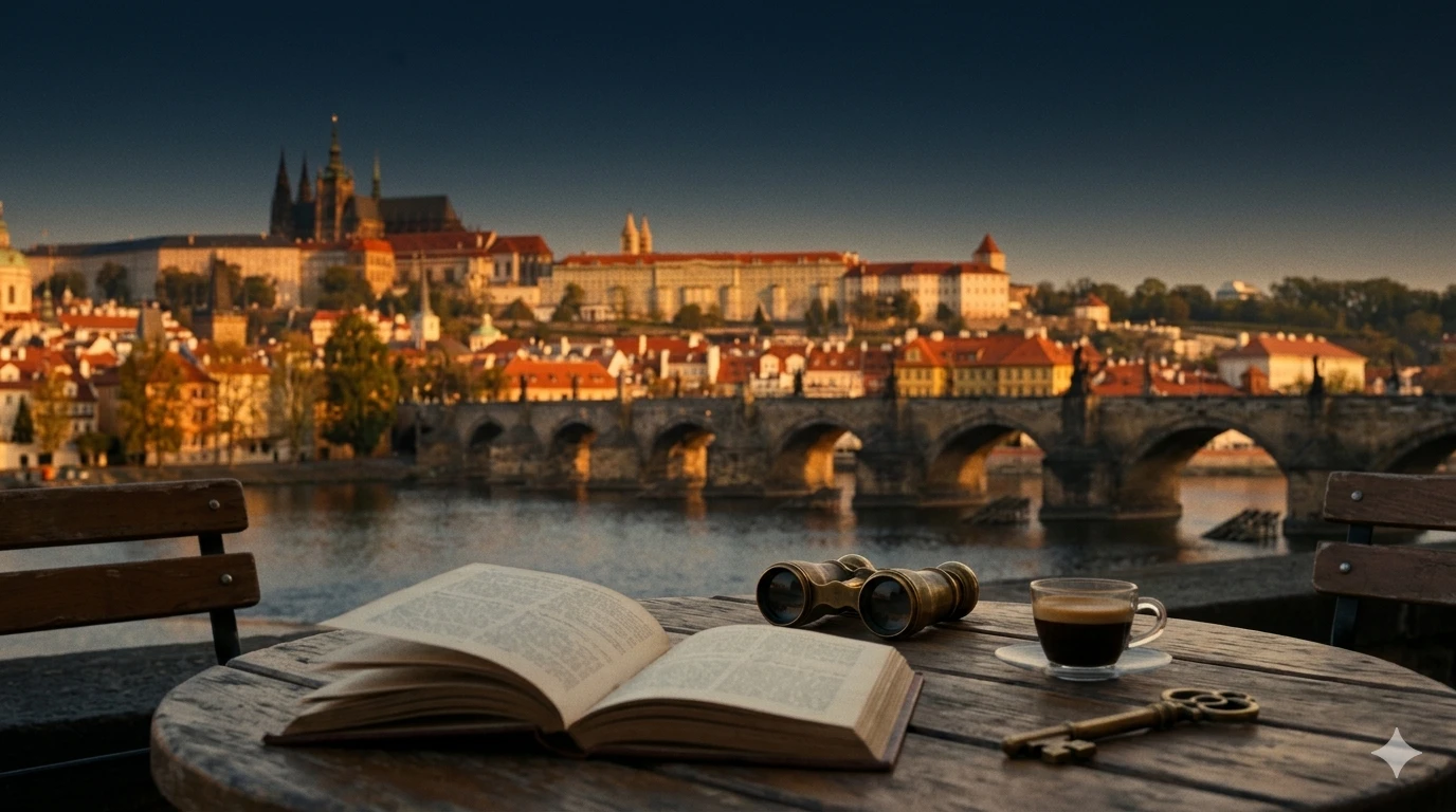 Панорама Праги на рассвете с Карловым мостом и картой на переднем плане — обложка статьи 48 часов в Праге
