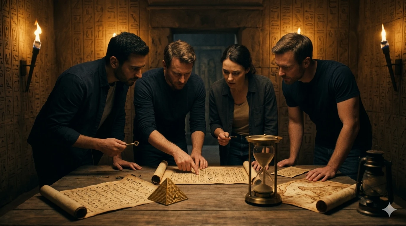 Команда в атмосферной квест-комнате в египетском стиле — обложка статьи 5 советов как пройти квест-комнату