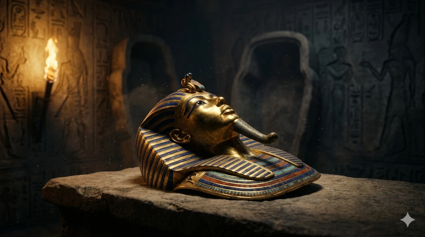 Золотая погребальная маска фараона в свете факелов — обложка статьи 7 фактов о гробнице Тутанхамона