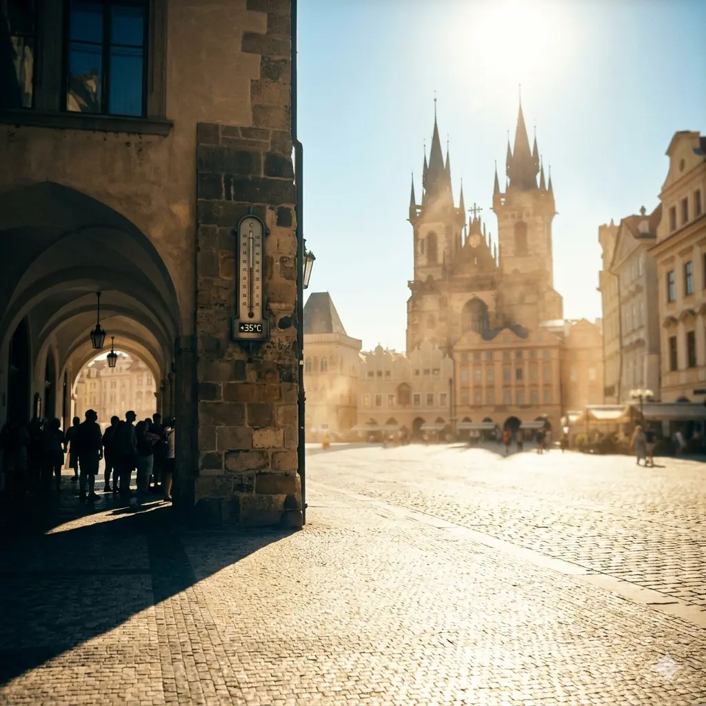 Old Town Square in Prague on a scorching summer day — bleached cobblestones and silhouettes of tourists in arcade shade — cover image of the article on indoor activities in the heat