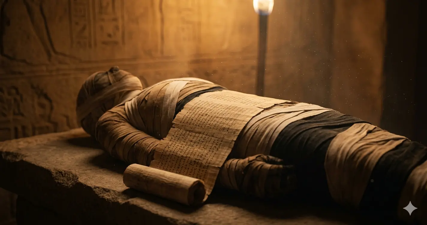 Римская мумия из Оксиринха с развёрнутым папирусом на животе при свете факелов — обложка статьи о находке «Илиады»