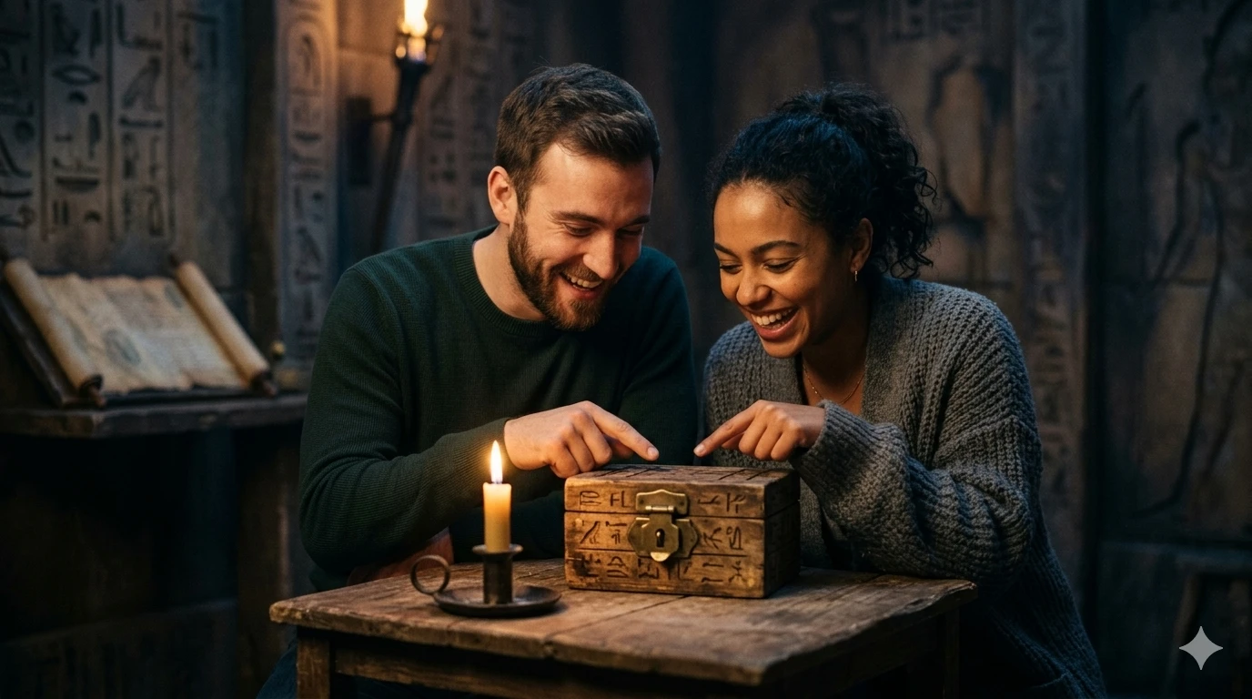 Пара вместе решает загадку в атмосферной квест-комнате при свете свечей — обложка статьи о первом свидании в Праге