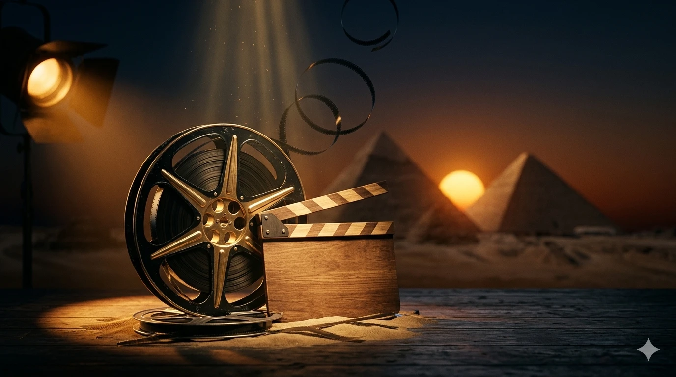 Древний Египет на экране — пирамиды на закате с хлопушкой на переднем плане — обложка статьи топ-5 фильмов про Египет