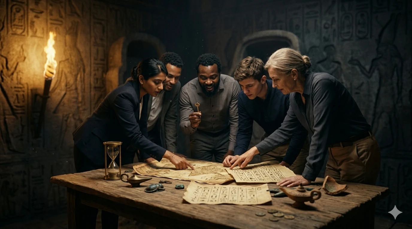 Команда сотрудников решает загадки в квест-комнате в египетском стиле — обложка статьи о корпоративном тимбилдинге в Праге