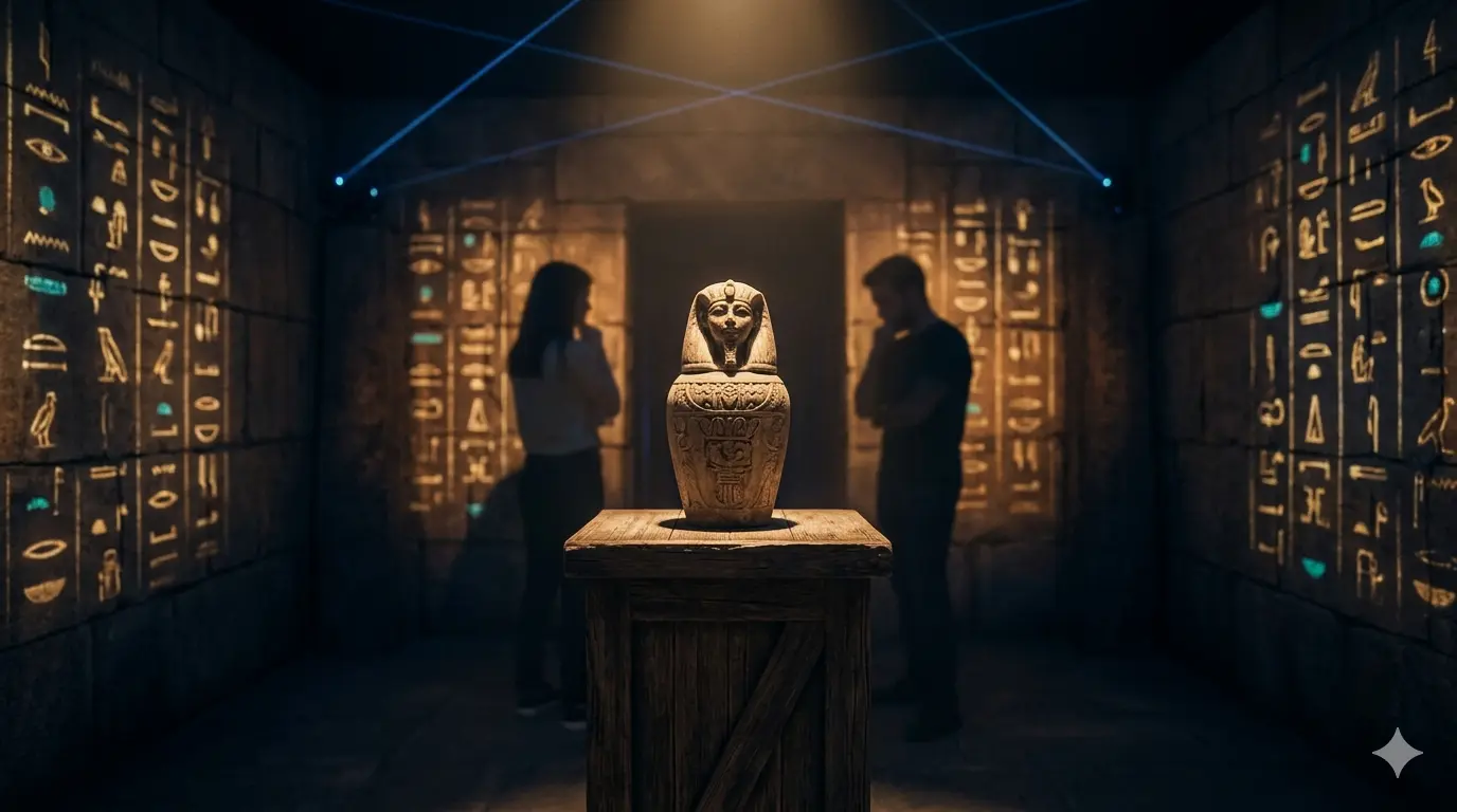 Современная иммерсивная квест-комната с проекцией египетских иероглифов на стенах и сенсорными лучами — обложка статьи о трендах 2026
